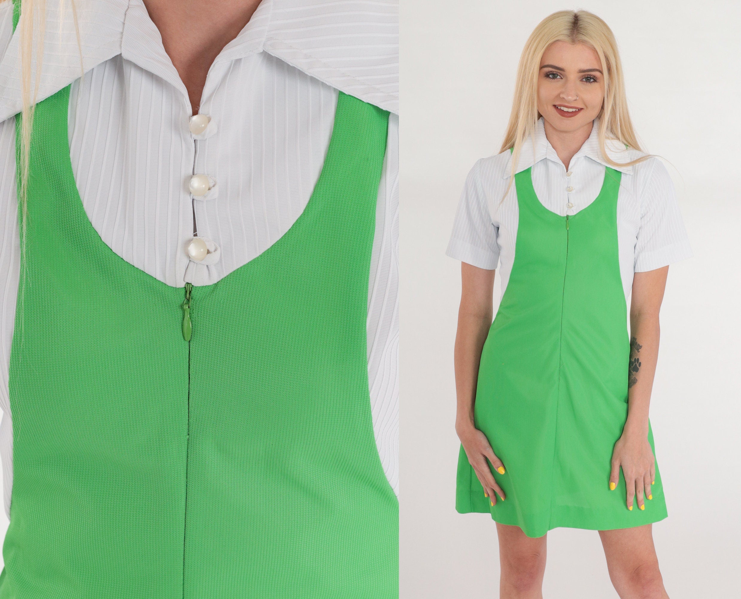 Mod Mini Dress 60s Diner Uniform Dress Zip Button Up Color Block Shift
