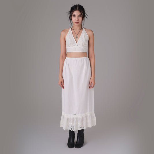 90s White Maxi Skirt with Lace Trim