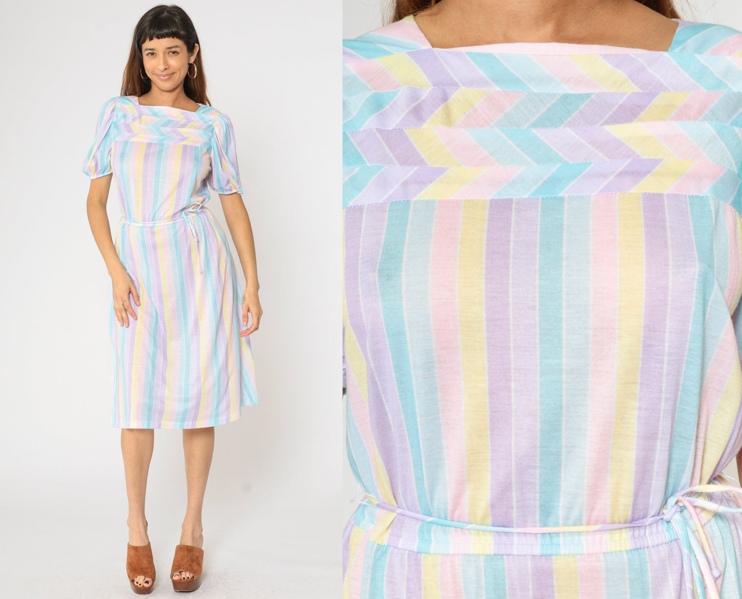 80s Pastel Striped Dress with Puff Sleeves S M