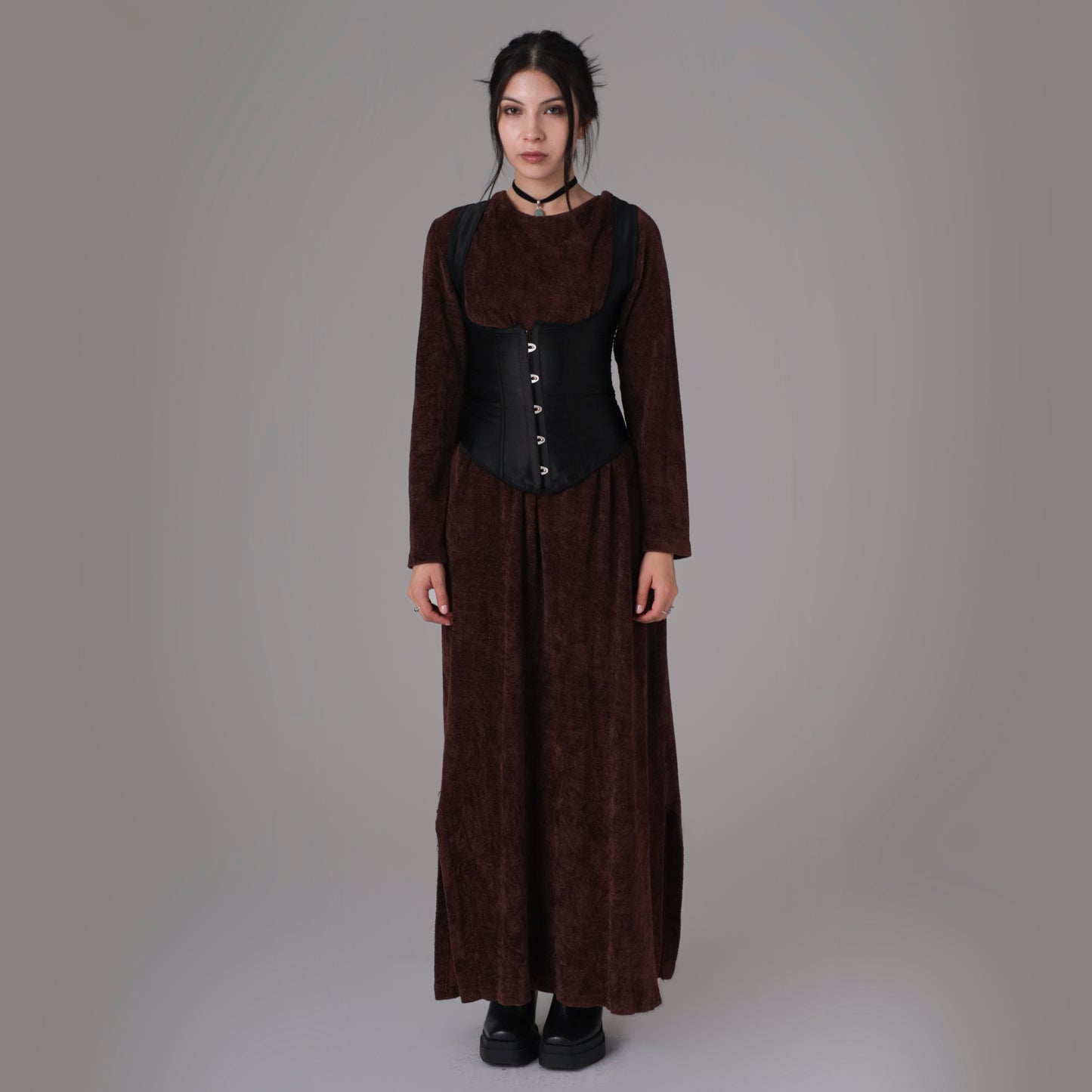 90s Brown Velvet Long Sleeve Maxi Dress