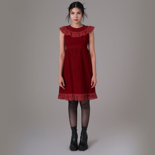 Burgundy Corduroy Baby Doll Mini Mod Dress