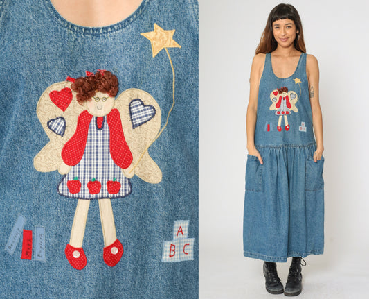 Vintage 90s Denim Teacher Dress with Angel Applique