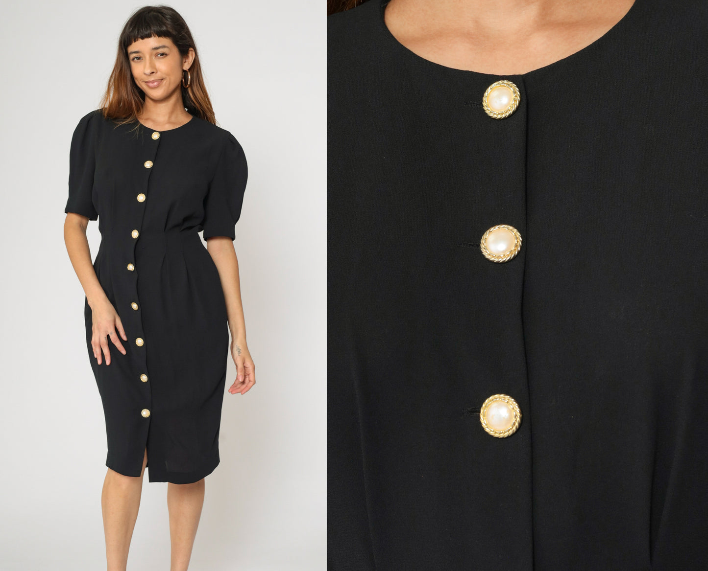 Vintage 90s Black Sheath Dress with Pearl Buttons 8