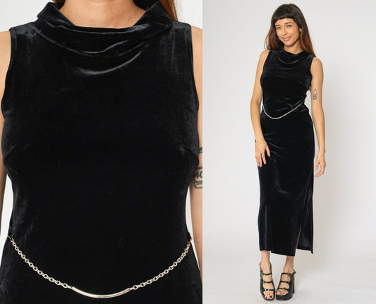 90s Black Velvet Maxi Dress with Chain Belt 5/6