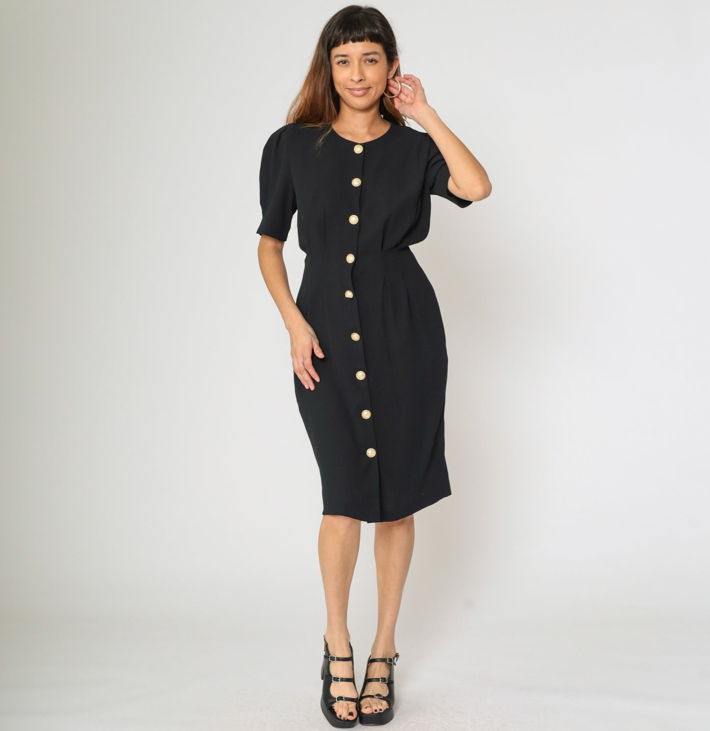 Vintage 90s Black Sheath Dress with Pearl Buttons 8