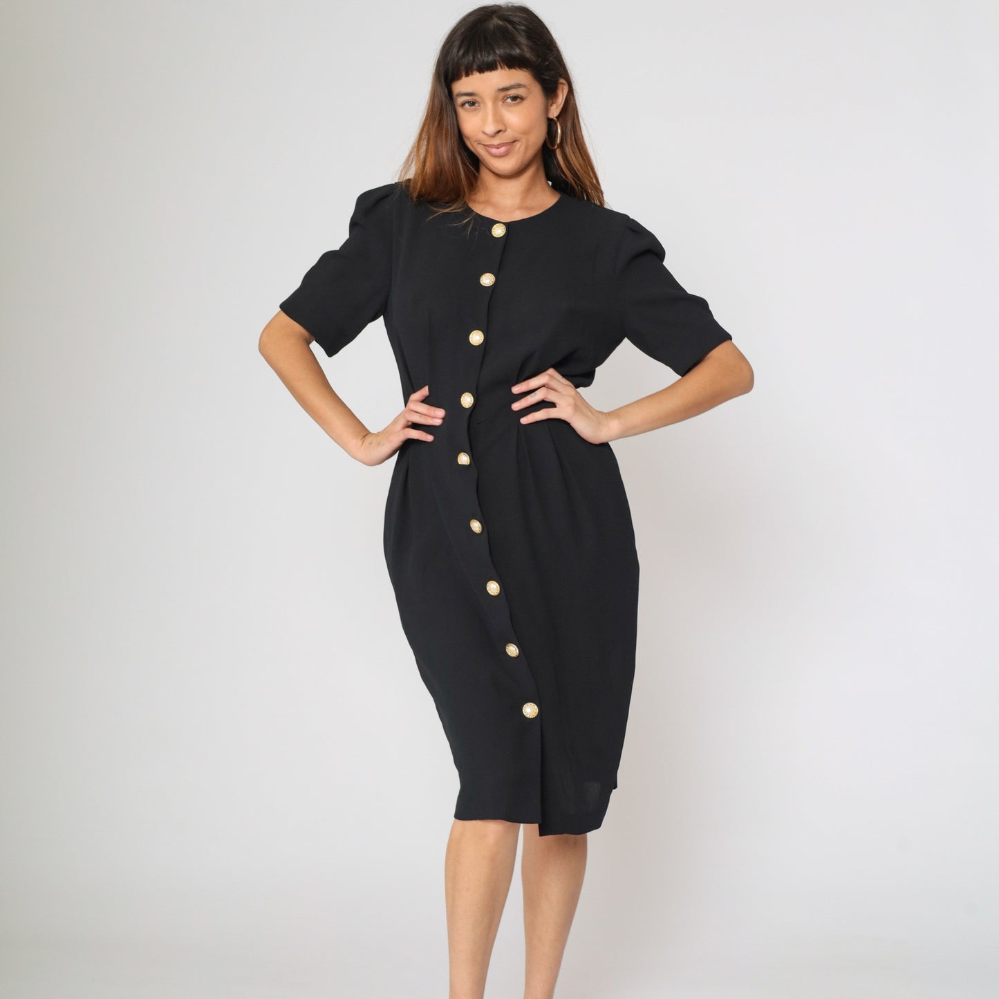 Vintage 90s Black Sheath Dress with Pearl Buttons 8