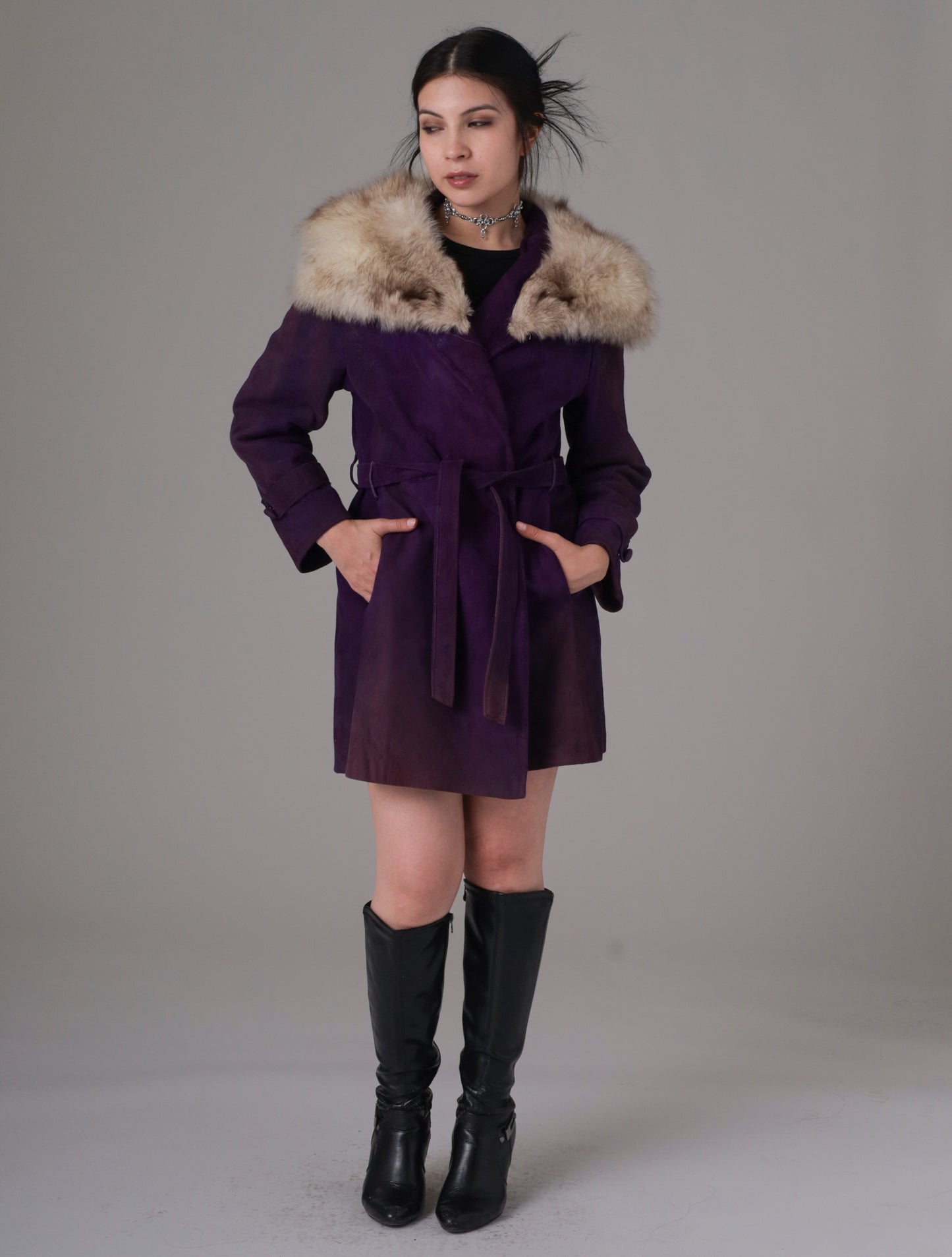 70s Purple Suede and Fur Trim Coat