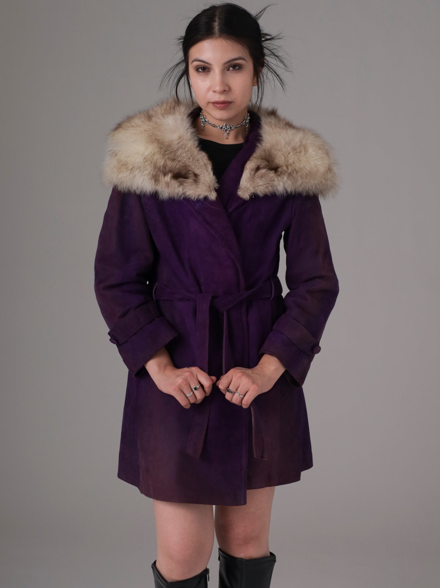 70s Purple Suede and Fur Trim Coat