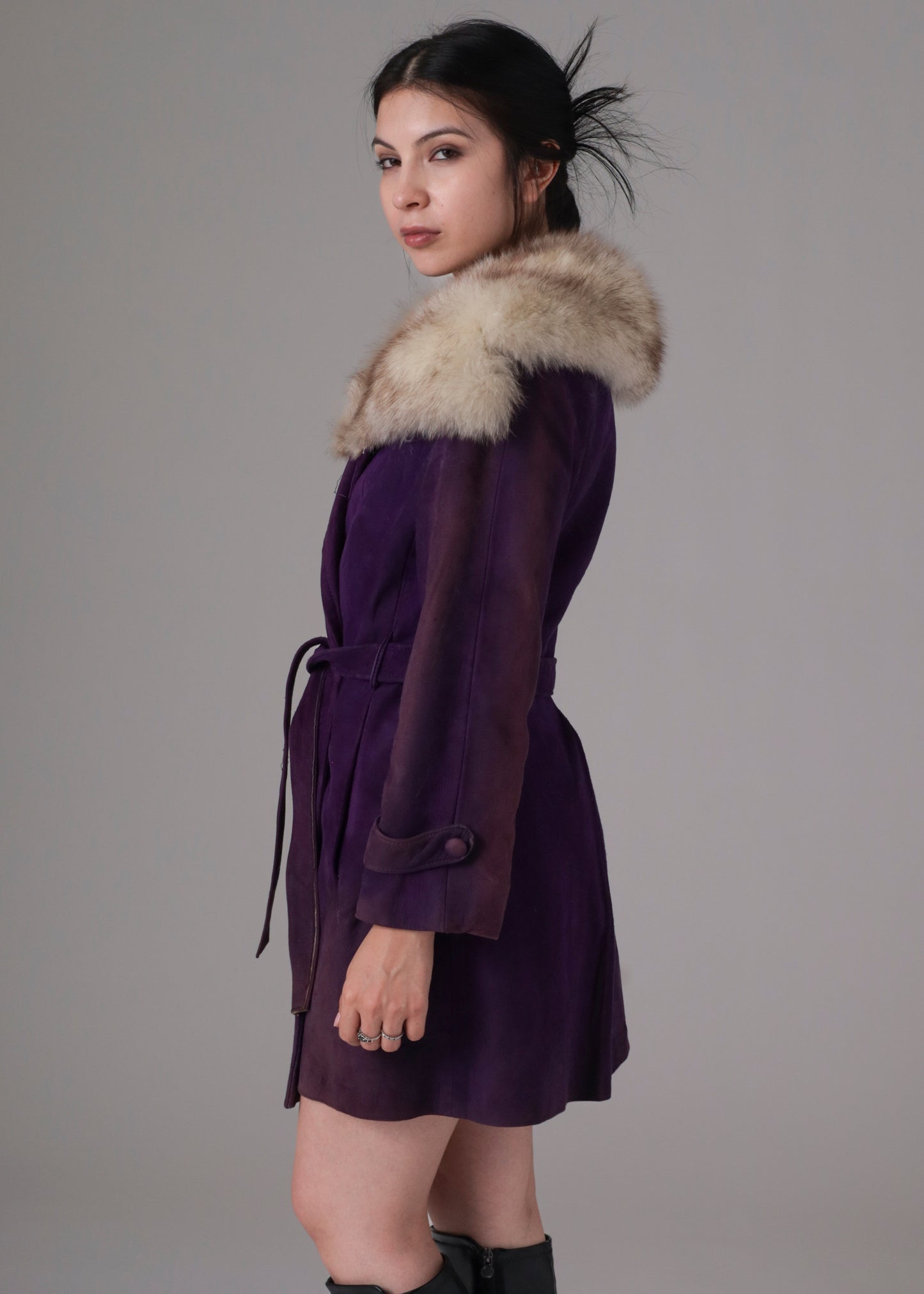 70s Purple Suede and Fur Trim Coat