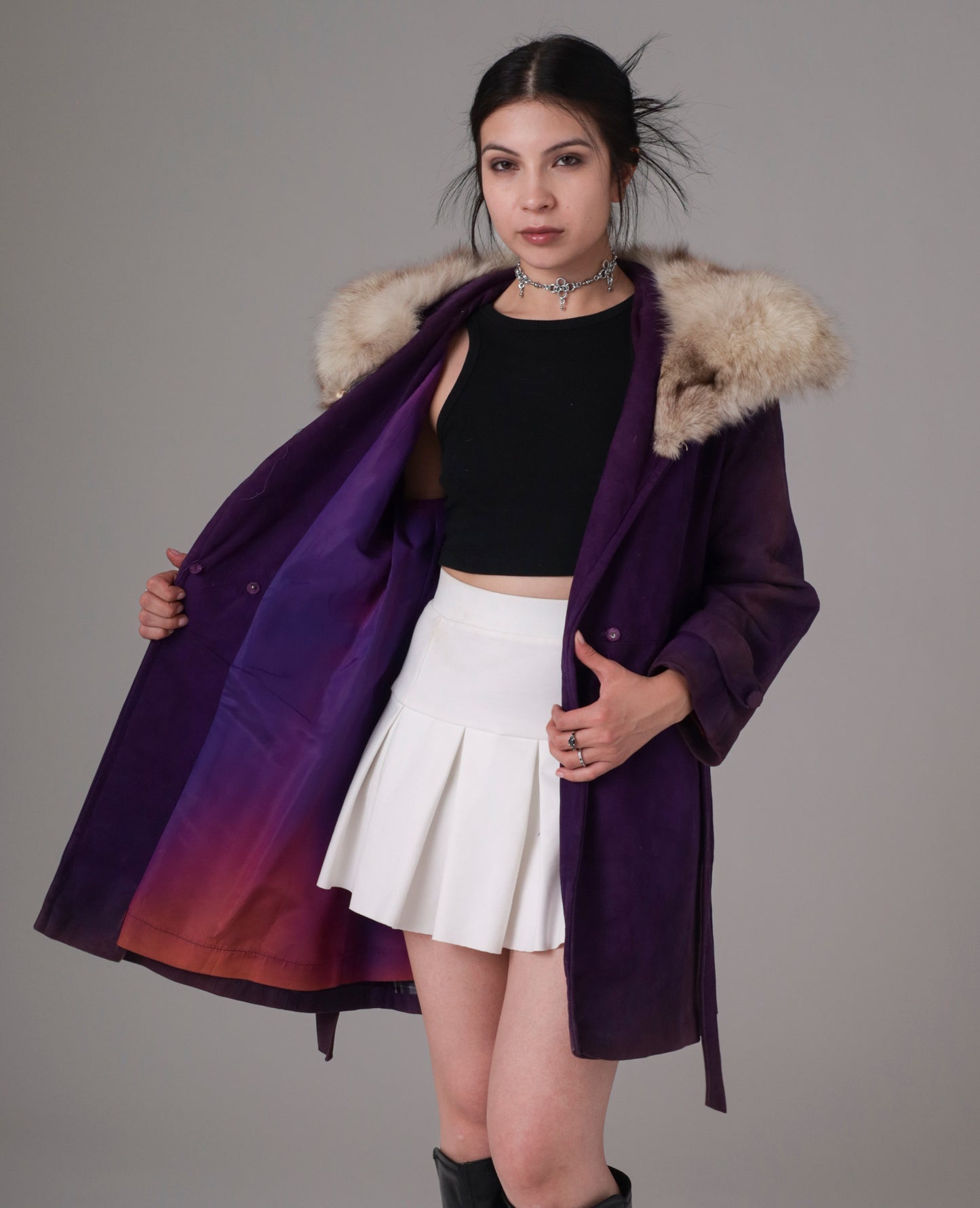 70s Purple Suede and Fur Trim Coat