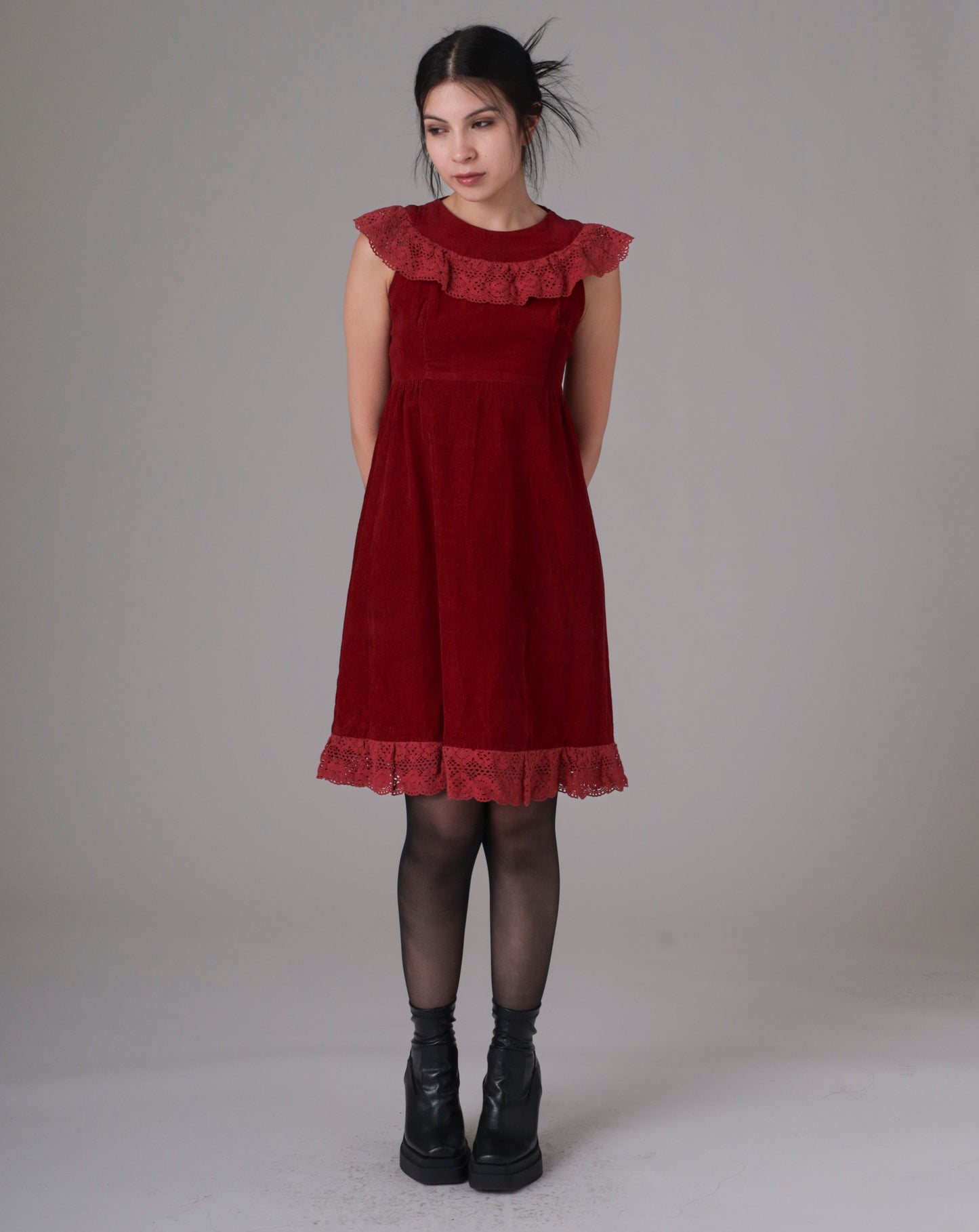 Burgundy Corduroy Baby Doll Mini Mod Dress