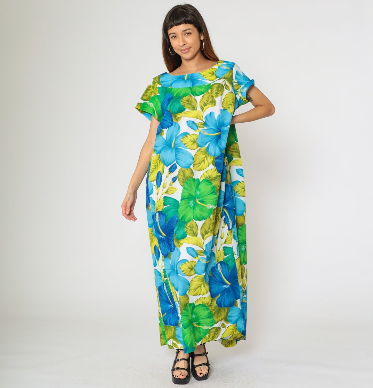 Vintage Tropical Hawaiian Floral Maxi Dress L