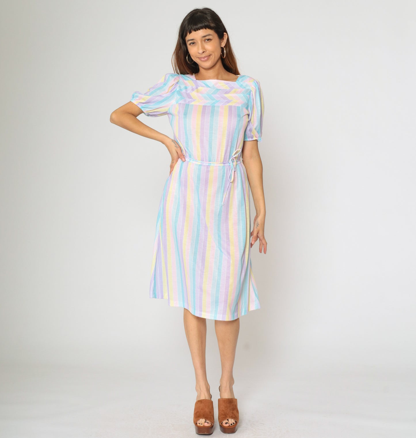 80s Pastel Striped Dress with Puff Sleeves S M