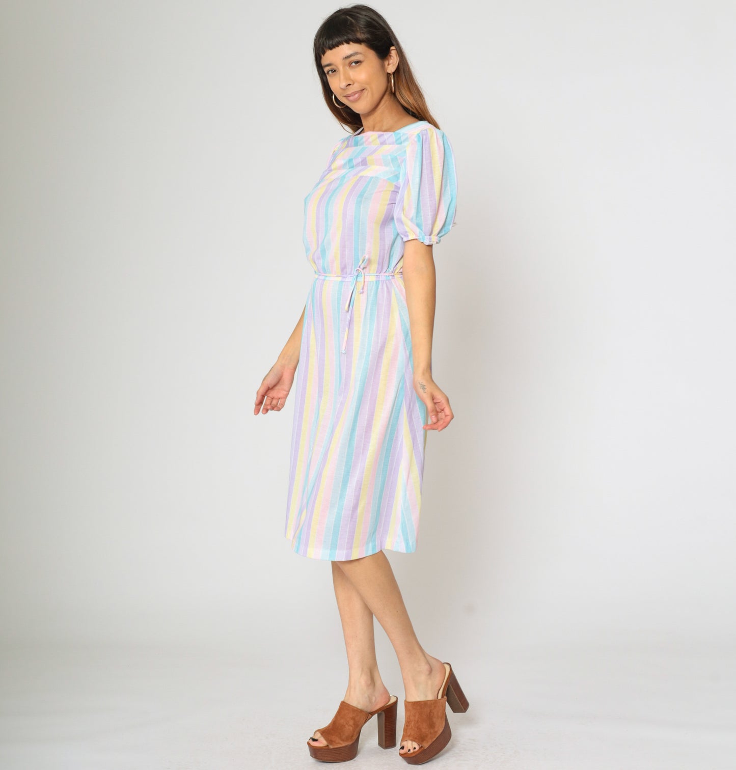 80s Pastel Striped Dress with Puff Sleeves S M