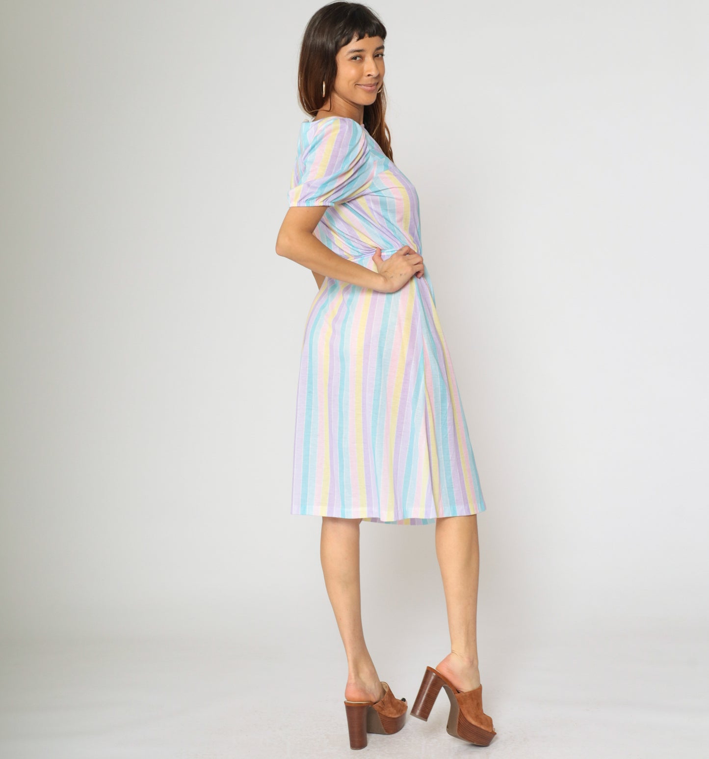 80s Pastel Striped Dress with Puff Sleeves S M