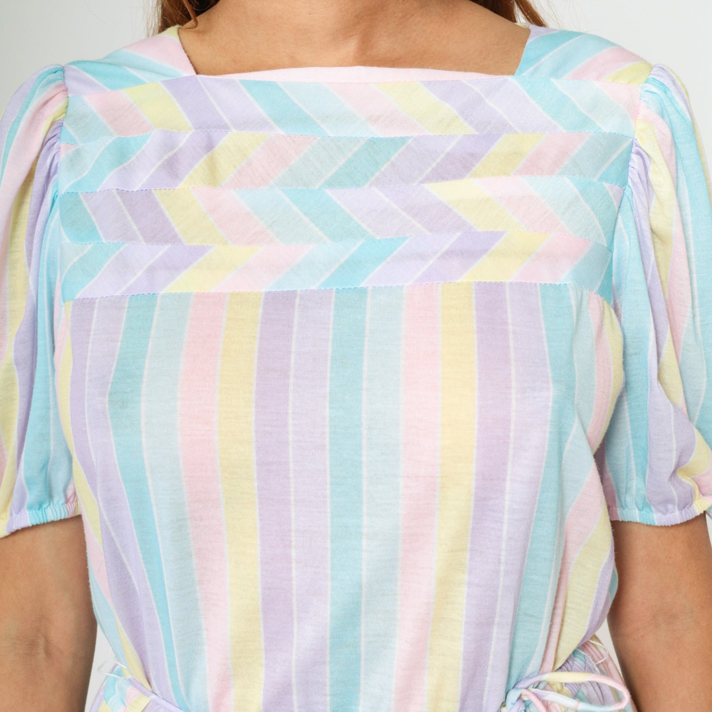 80s Pastel Striped Dress with Puff Sleeves S M