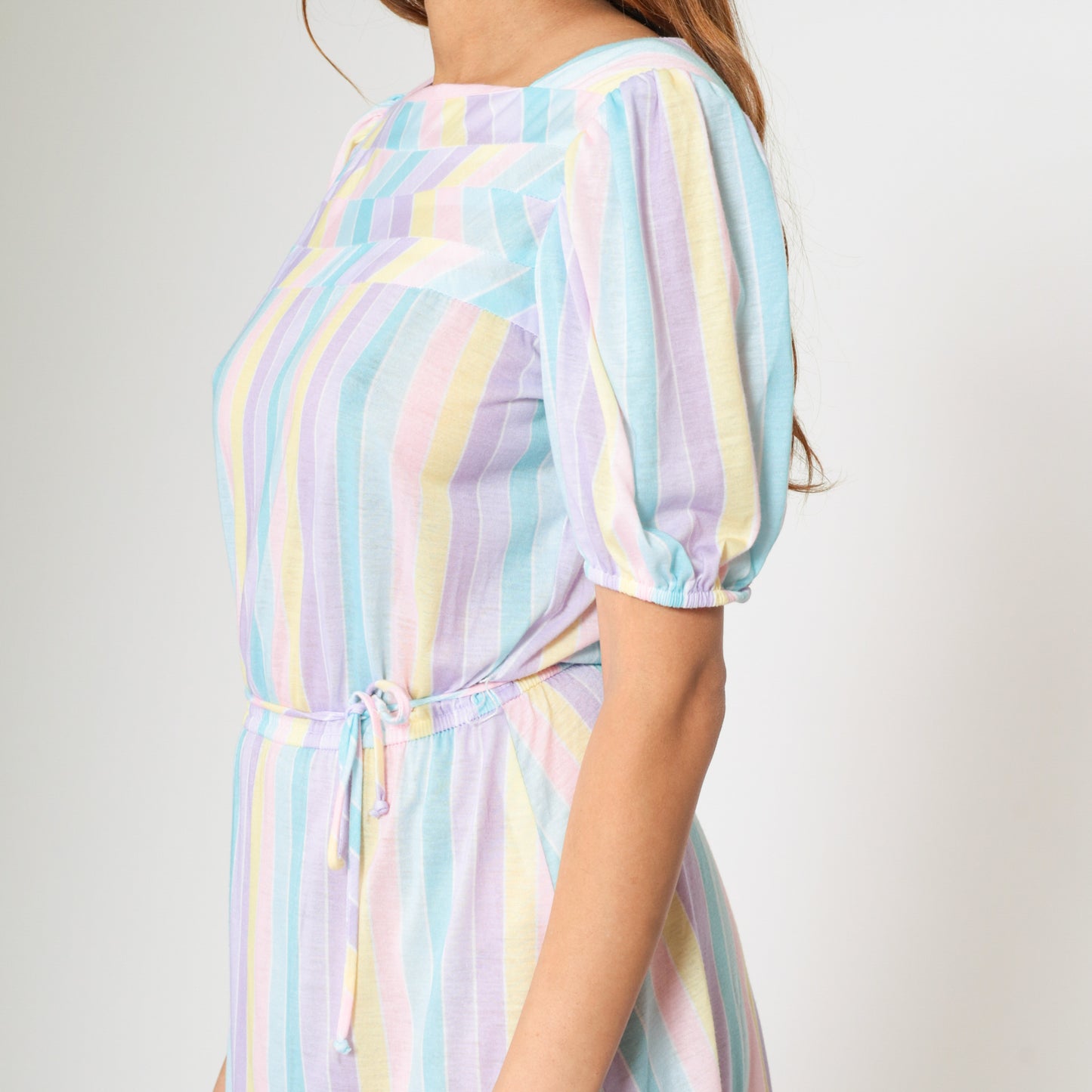 80s Pastel Striped Dress with Puff Sleeves S M