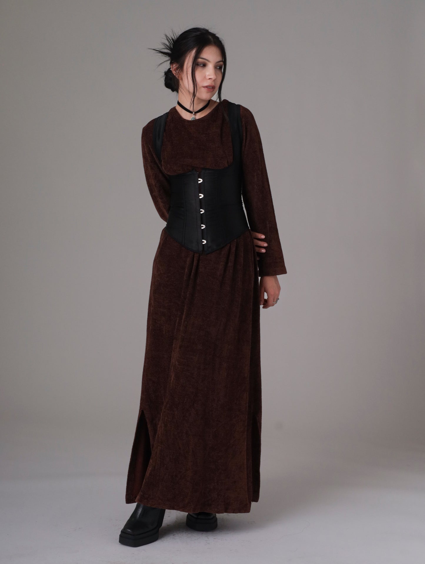 90s Brown Velvet Long Sleeve Maxi Dress