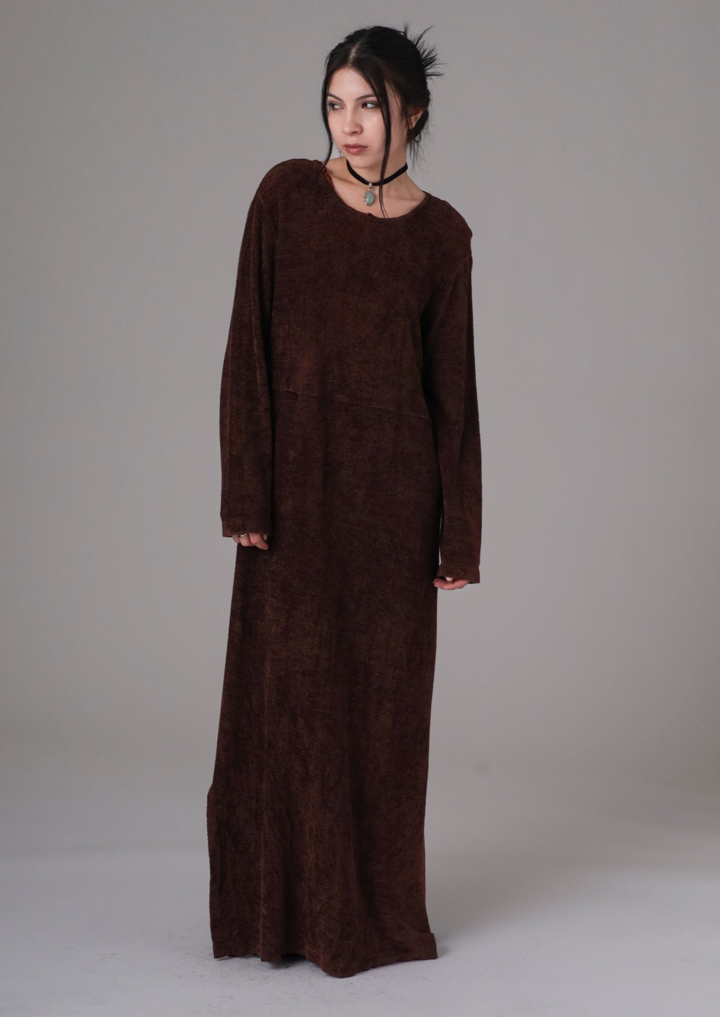 90s Brown Velvet Long Sleeve Maxi Dress