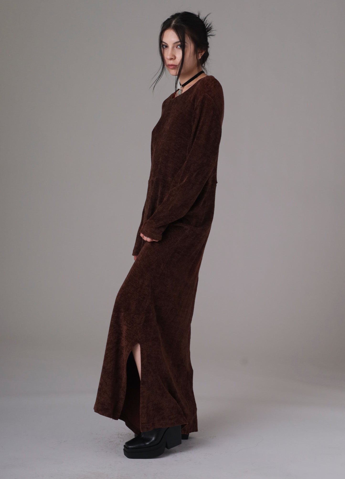 90s Brown Velvet Long Sleeve Maxi Dress