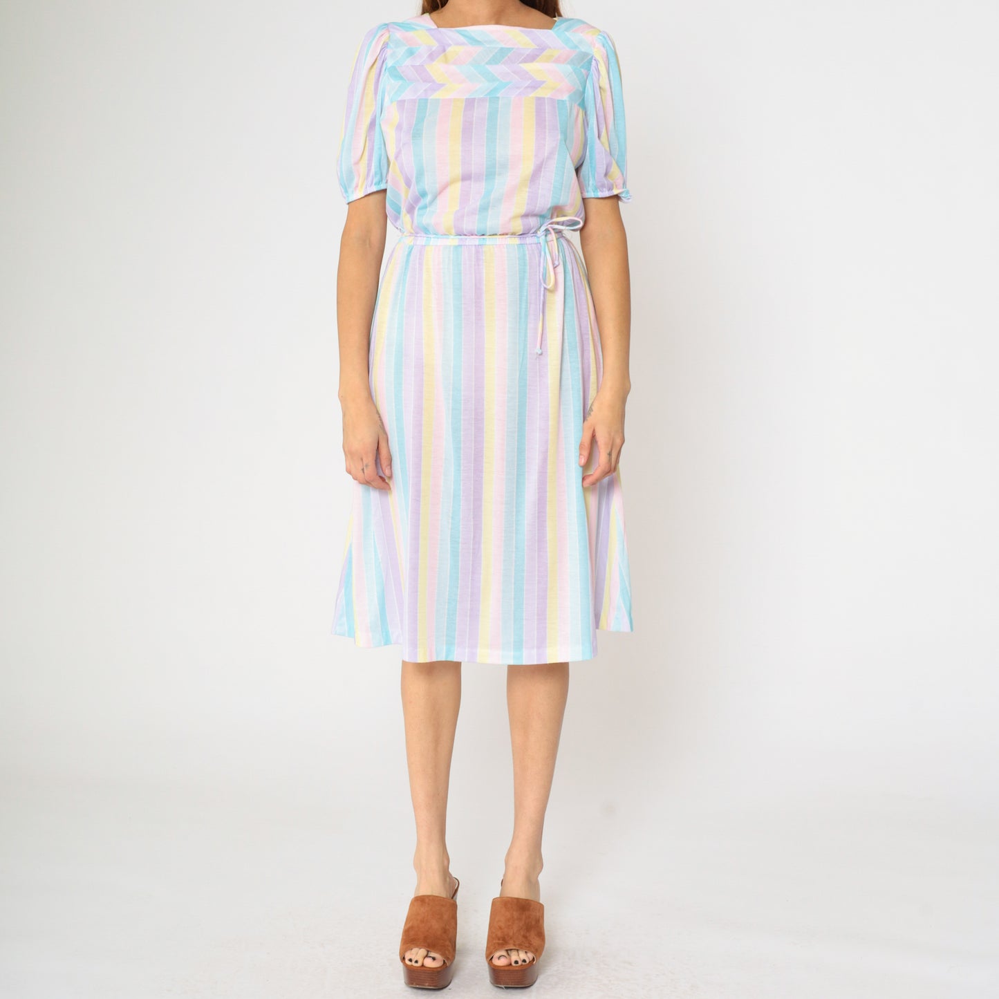 80s Pastel Striped Dress with Puff Sleeves S M