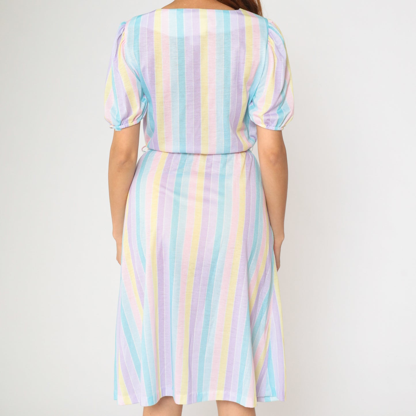 80s Pastel Striped Dress with Puff Sleeves S M