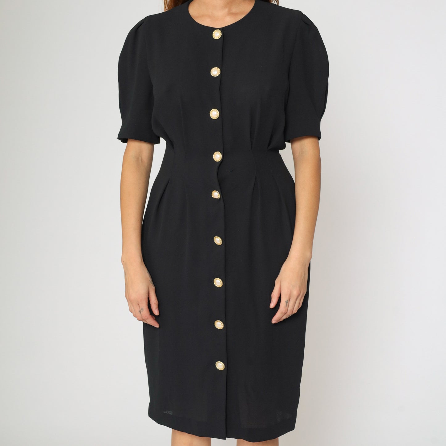 Vintage 90s Black Sheath Dress with Pearl Buttons 8