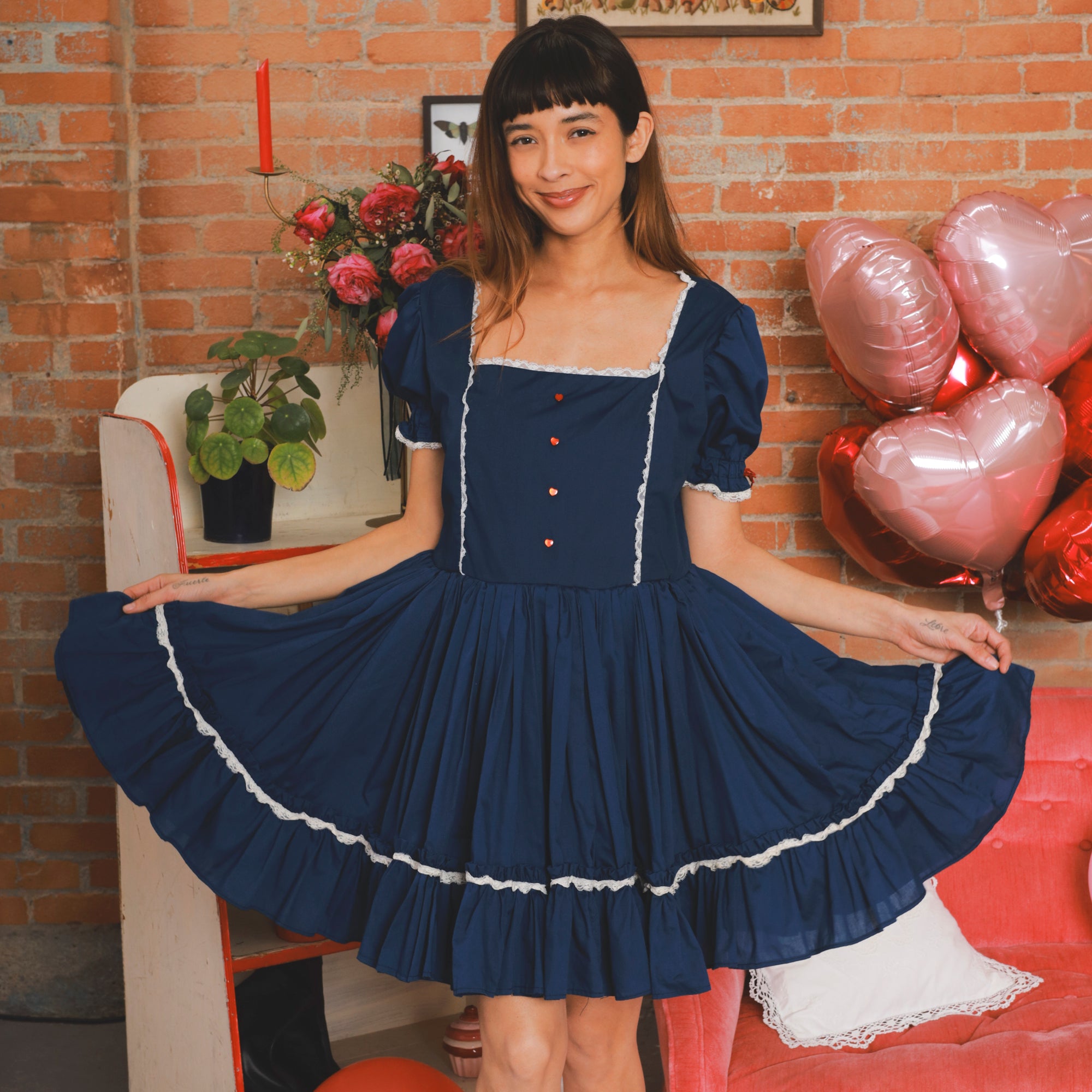 80s Prairie Dress Heart Button Navy Blue Mini – Shopexile