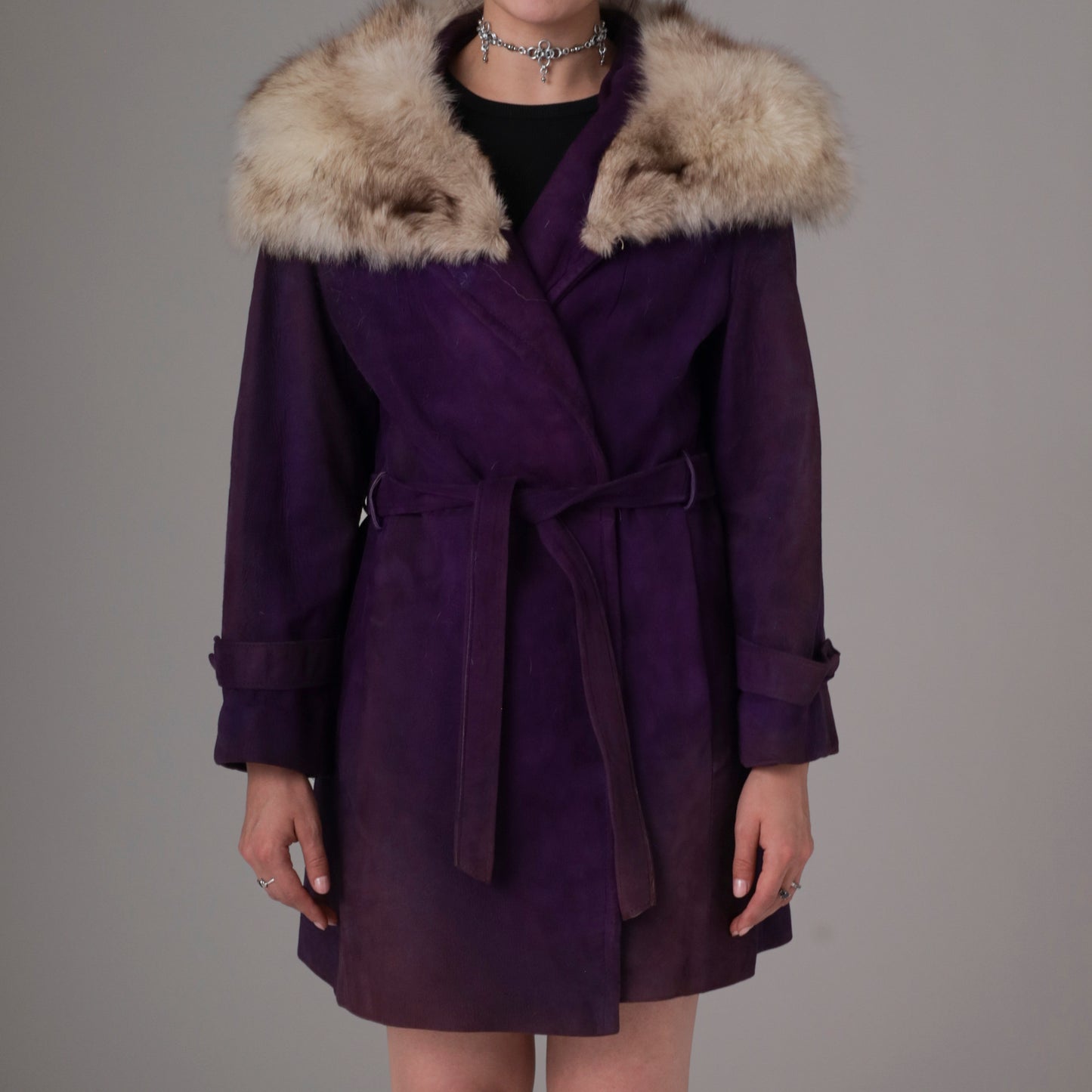 70s Purple Suede and Fur Trim Coat