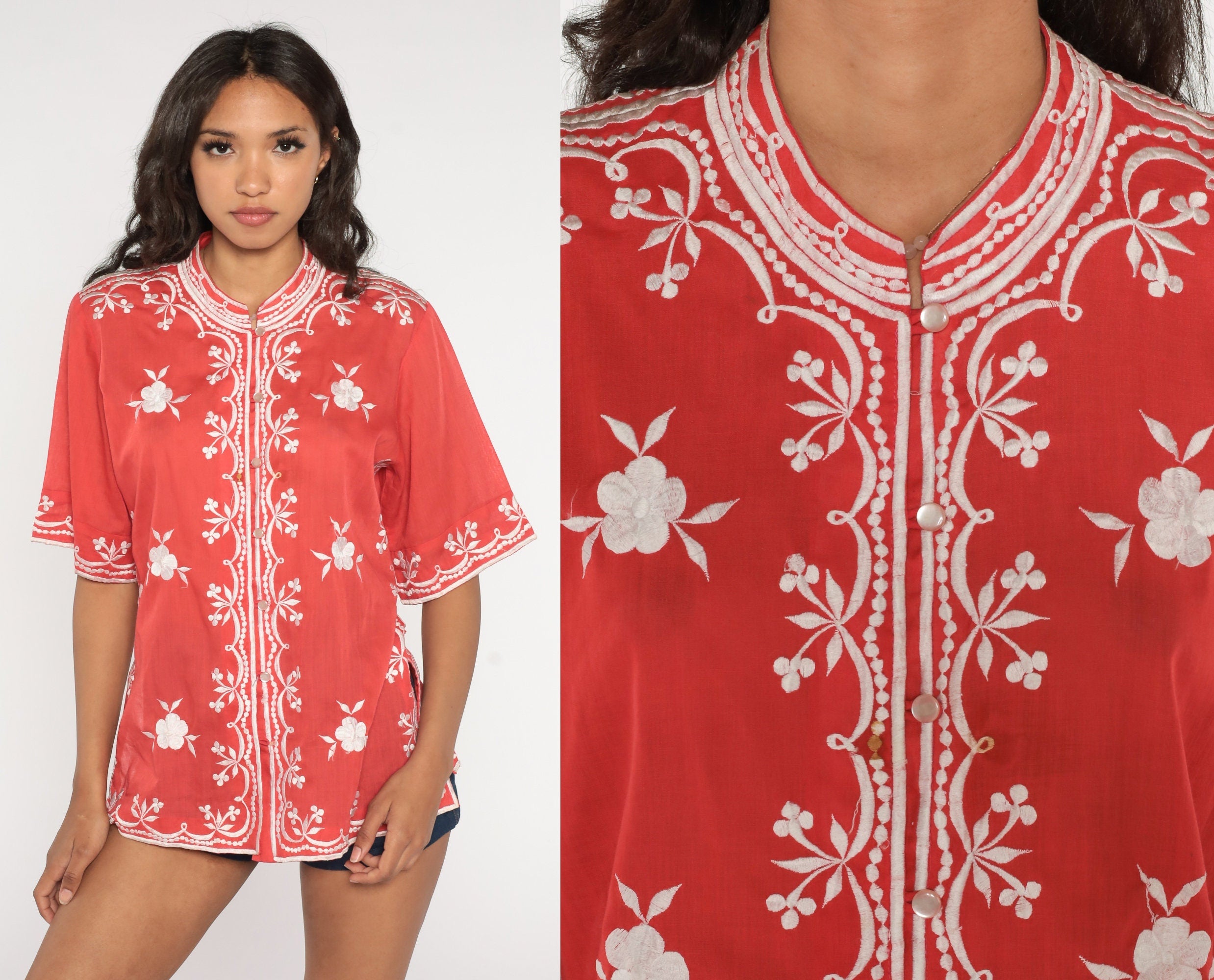 Red Floral Blouse 70s Boho Top Semi-Sheer Embroidered Button Up