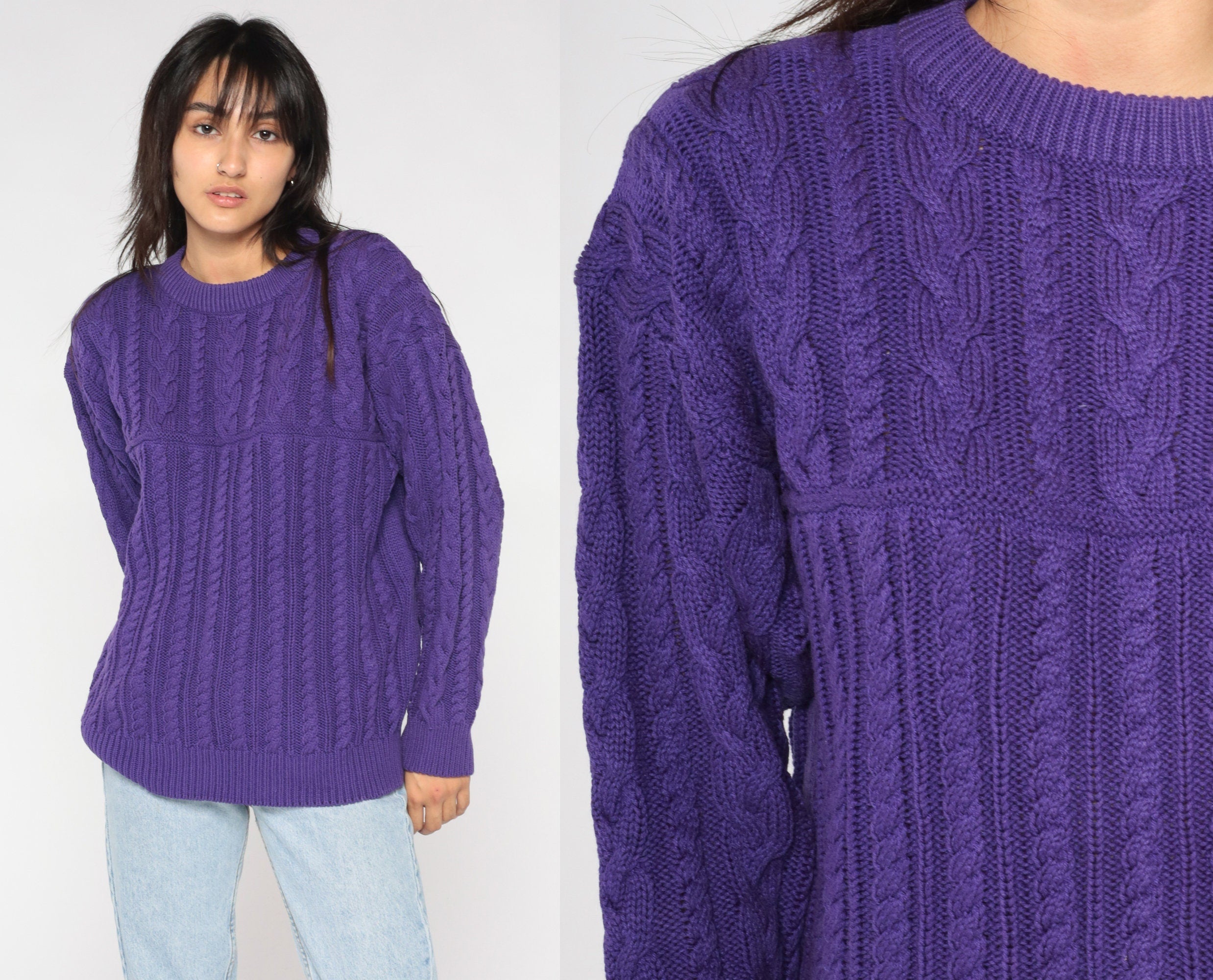 Purple Sweater 90s Cable Knit Sweater Retro Basic Plain Pullover