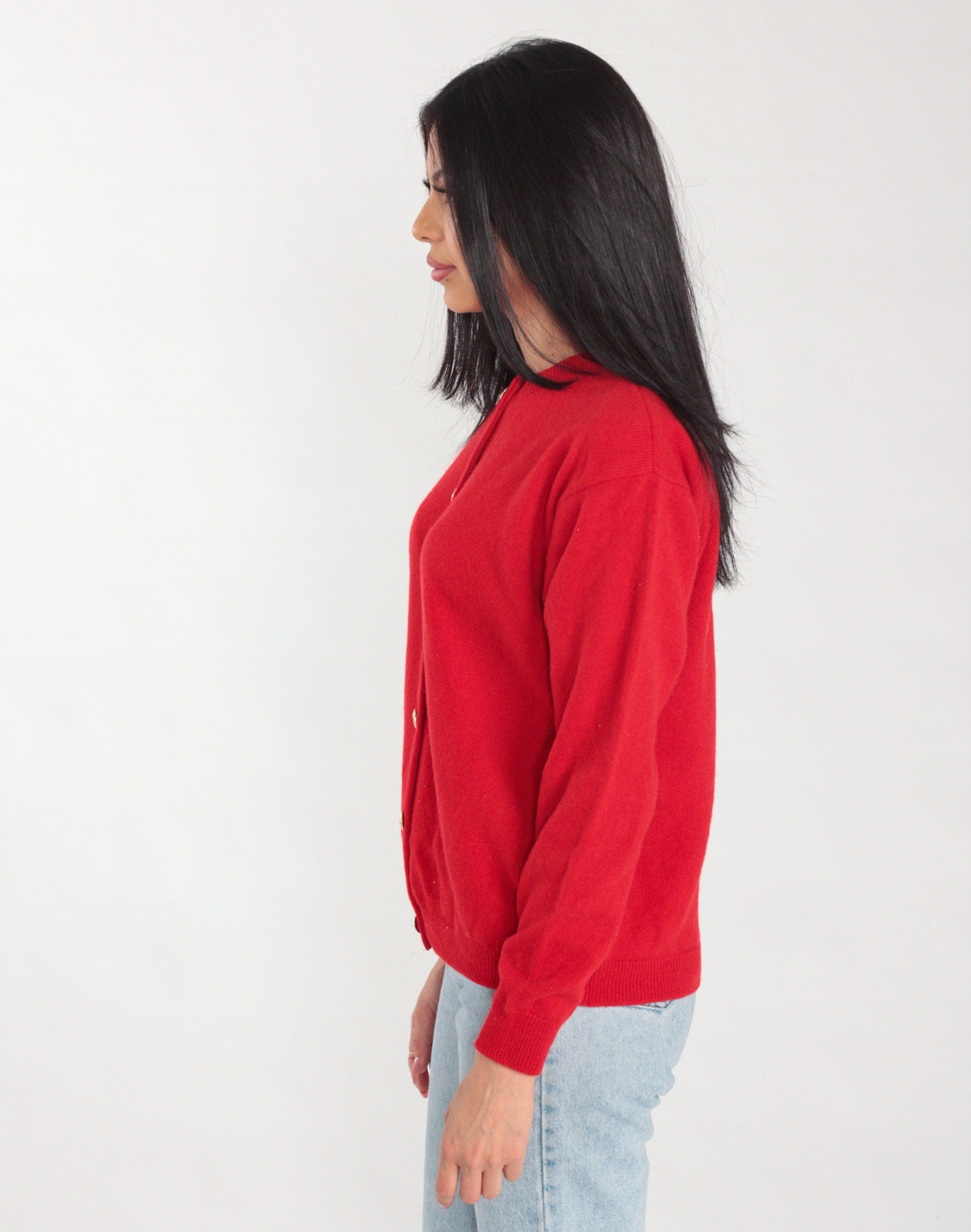 Red Wool Cardigan 90s Knit Button up Sweater Plain Basic