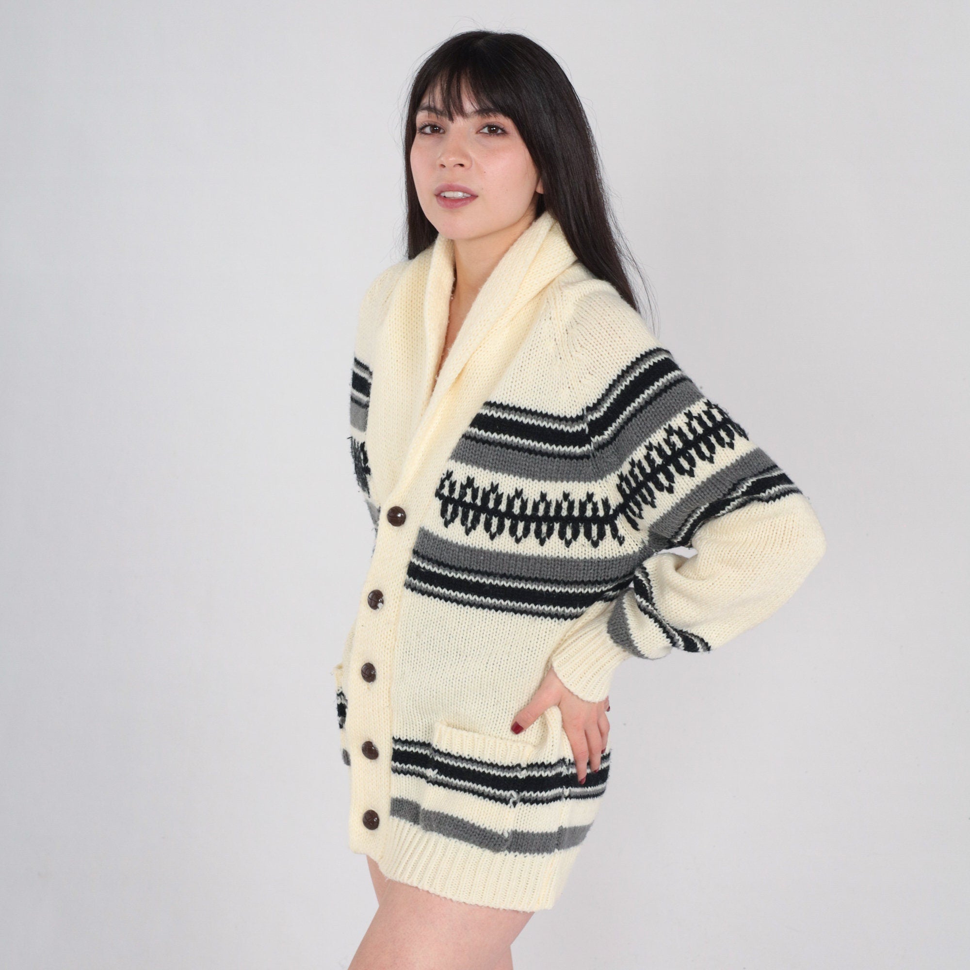 70s Striped Cardigan Button Up Knit Sweater Cream Geometric Shawl