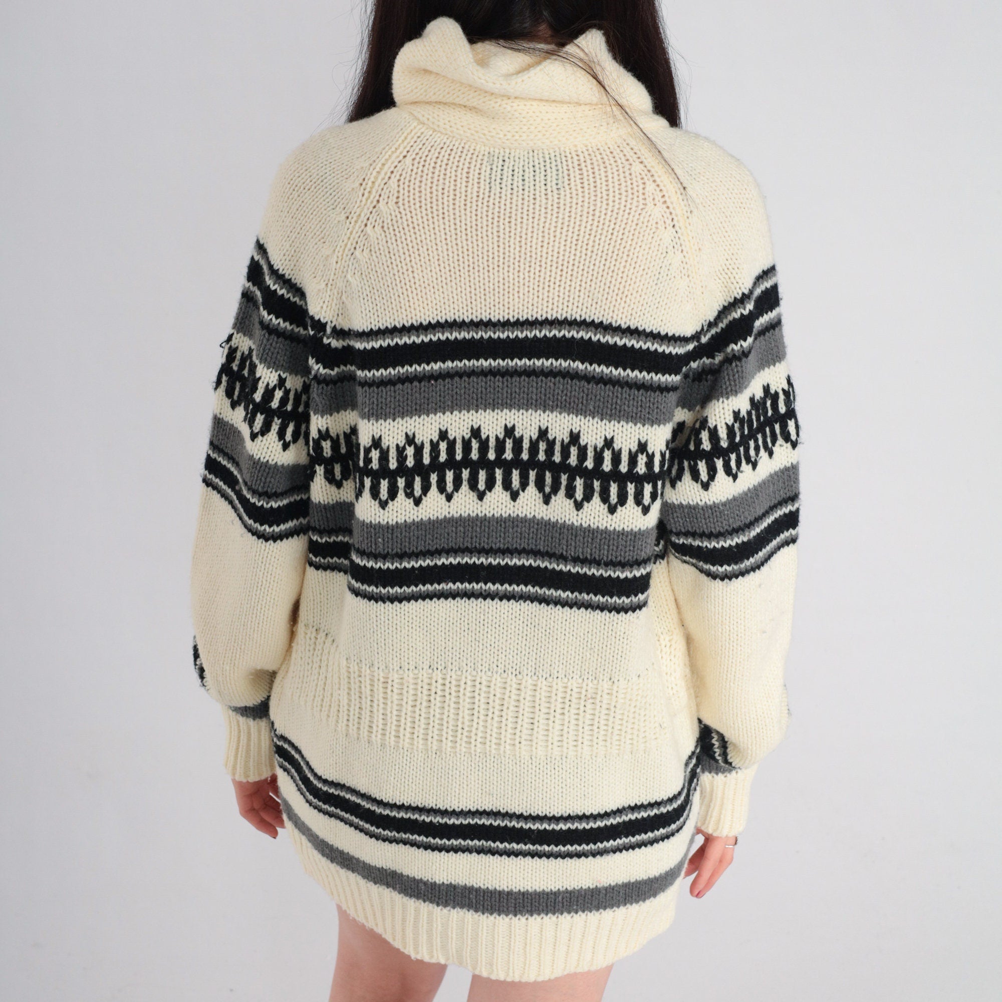 70s Striped Cardigan Button Up Knit Sweater Cream Geometric Shawl