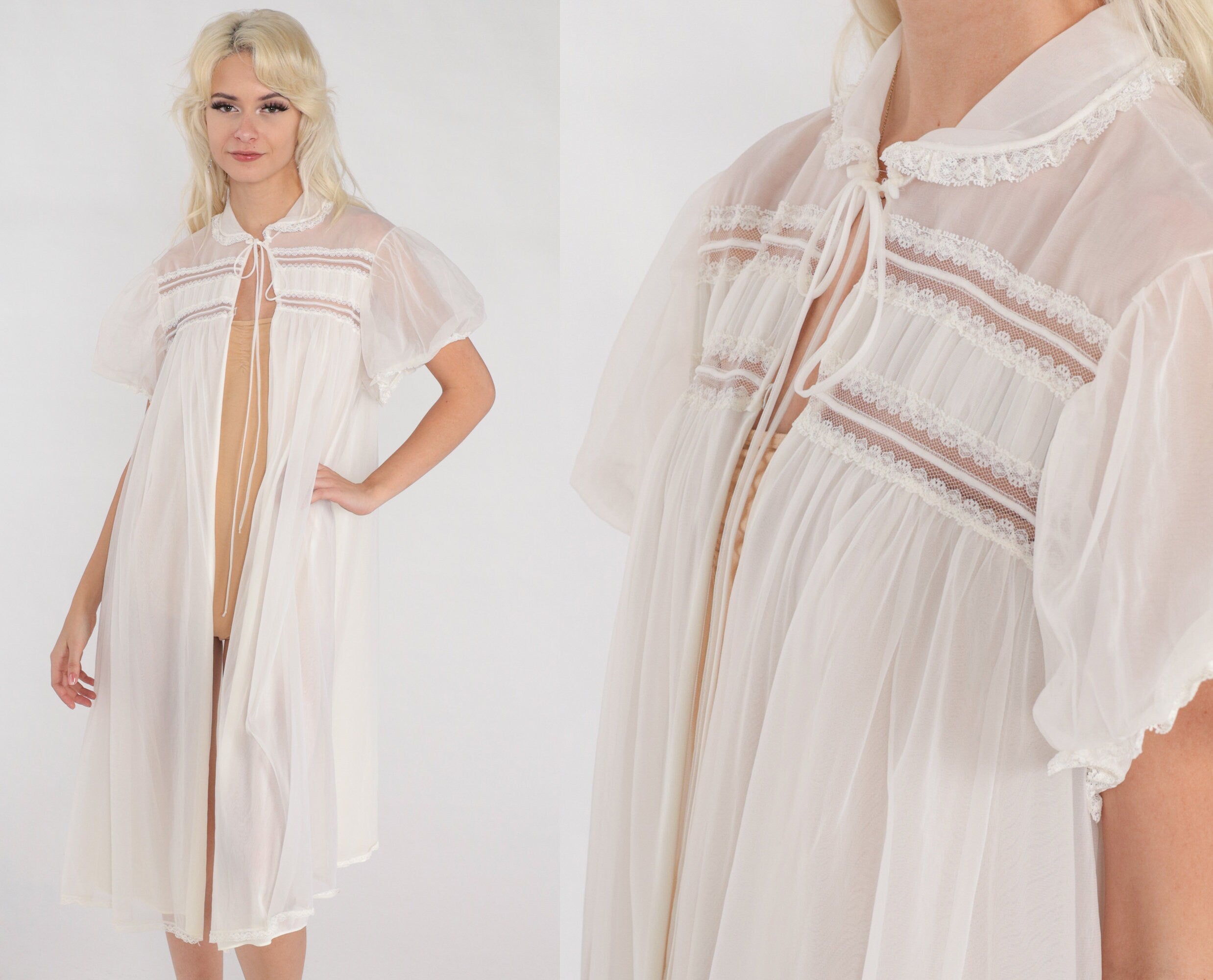 70s Lingerie Robe White Long Jacket Nightgown Pajama Robe Sheer Midi N ...